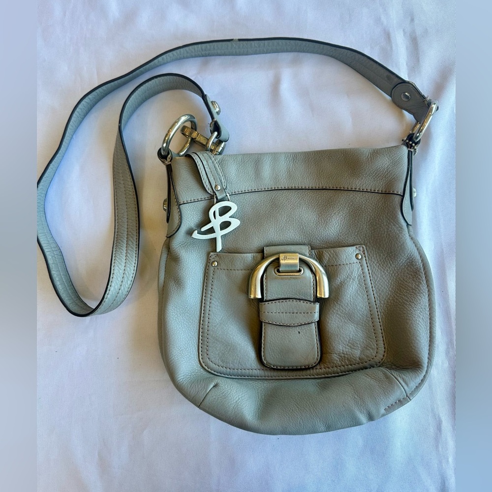 B. Makowsky Gray Leather Crossbody Bag with Heavy Silver Hardware